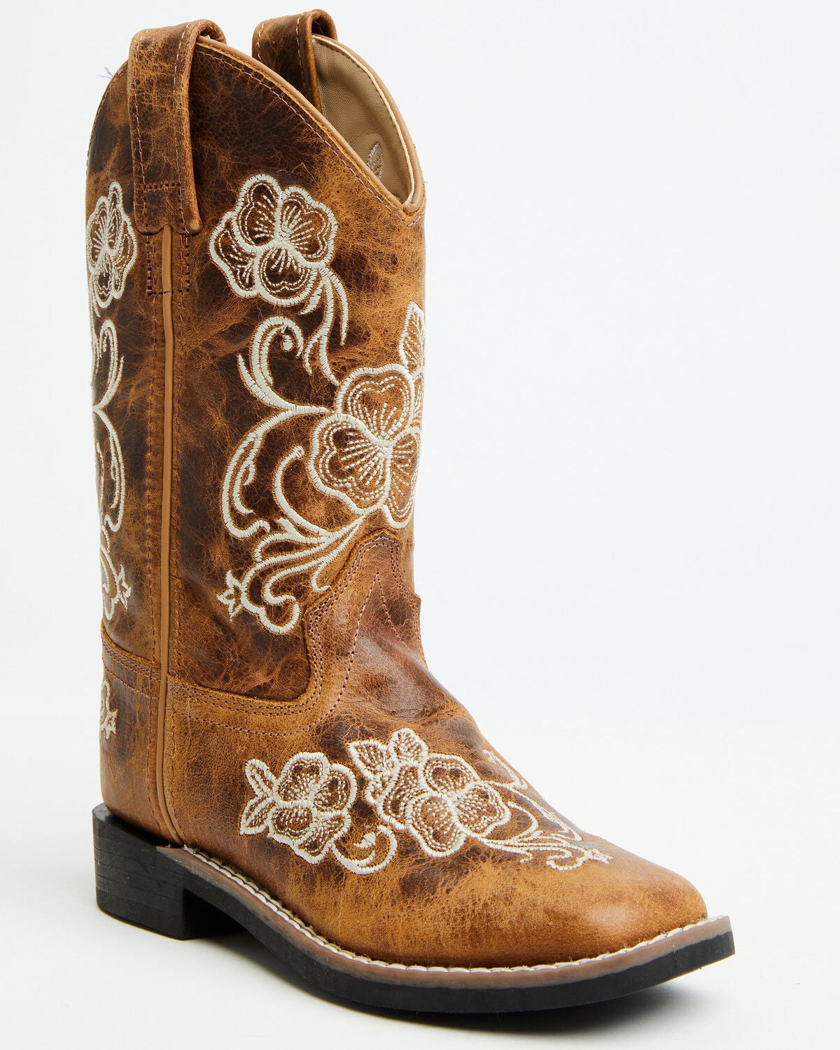 Shyanne Girls' Little Lasy Floral Embroidered Western Boots - Broad Square Toe, Tan, hi-res