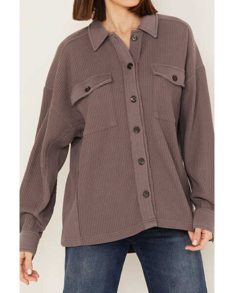 Image #3 - Cleo + Wolf Women's Oversized Knit Button Up Shirt, Purple, hi-res