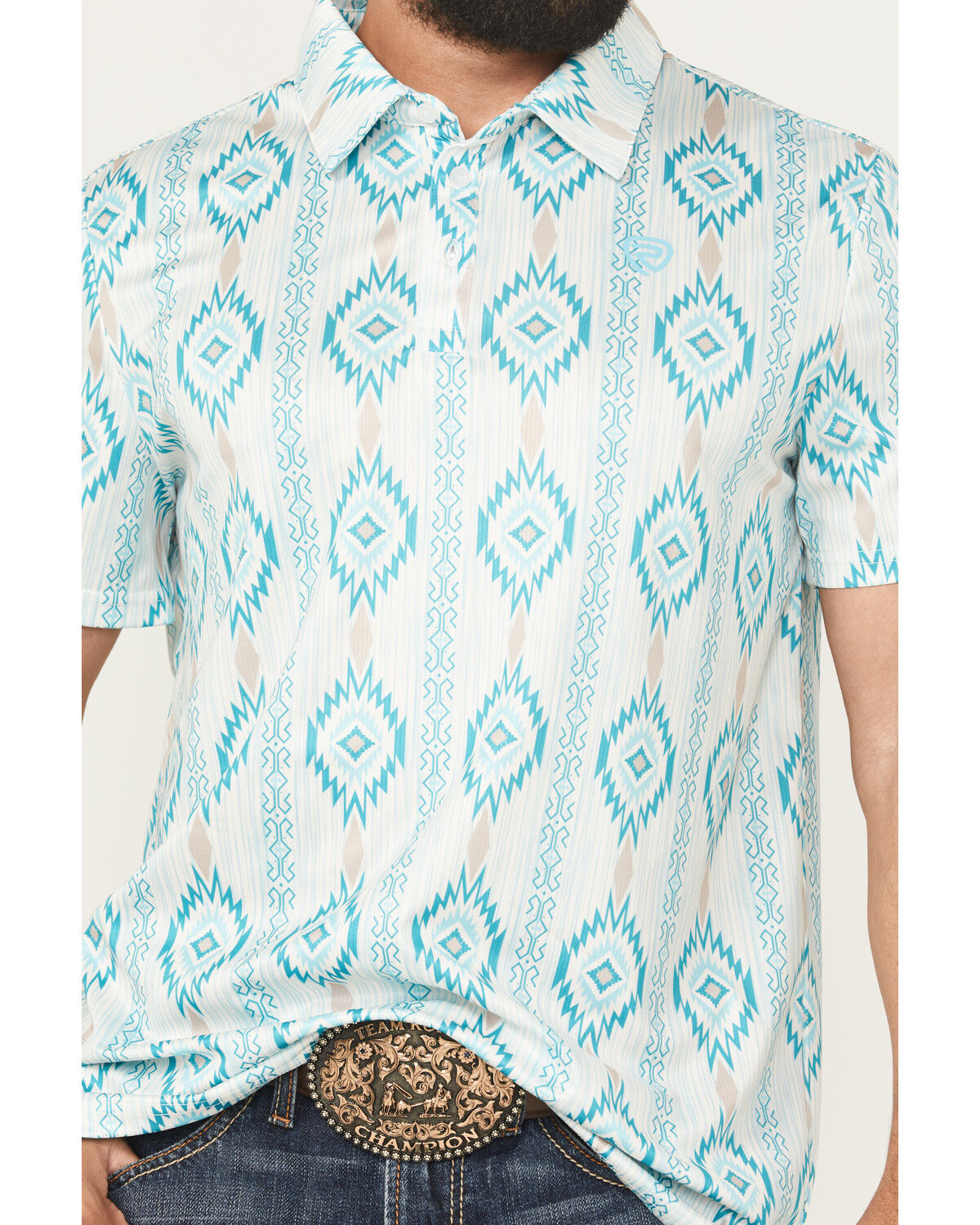 Image #3 - Rock & Roll Denim Men's Southwestern Print Short Sleeve Button-Down Stretch Polo Shirt, Aqua, hi-res
