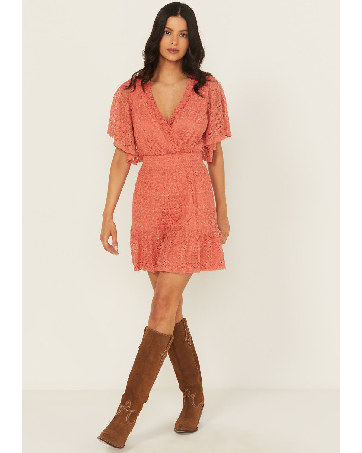 Image #1 - Shyanne Women's Faux Wrap Lace Mini Dress, Dark Pink, hi-res