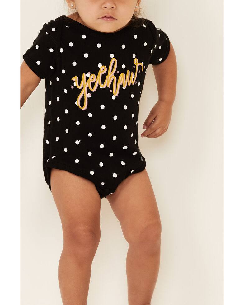 Rodeo Quincy Infant Girls' Black Polka Dot Yee Haw Graphic Short Sleeve Onesie, Black, hi-res