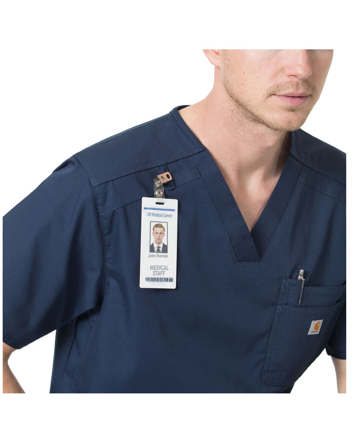 Image #4 - Carhartt Men's Slim Fit Six Pocket V-Neck Scrub Top, Navy, hi-res