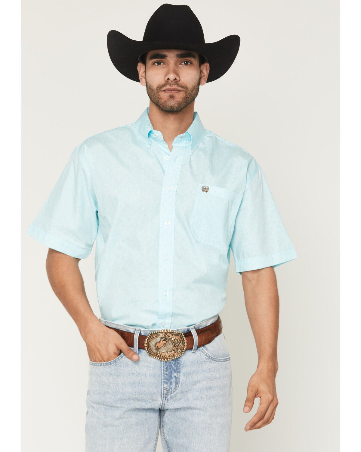 Cinch Men's Boot Barn Exclusive Geo Print Short Sleeve Button-Down Western Shirt, Aqua, hi-res