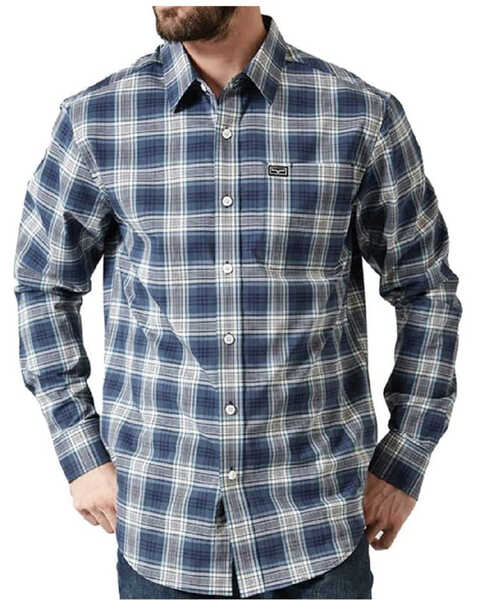 Kimes Ranch Men's Aldrich Plaid Print Long Sleeve Button-Down Performance Western Shirt , Navy, hi-res