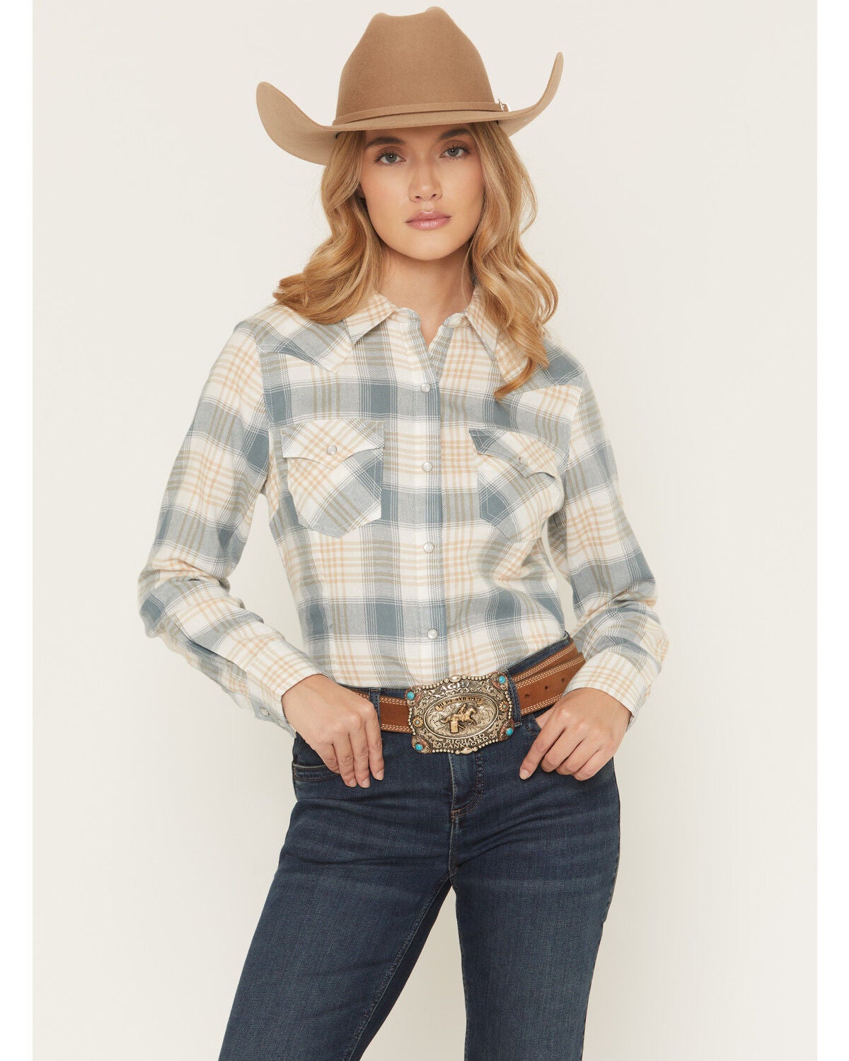 Image #1 - Wrangler Retro Women's Boot Barn Exclusive Plaid Print Long Sleeve Pearl Snap Flannel Shirt, Teal, hi-res