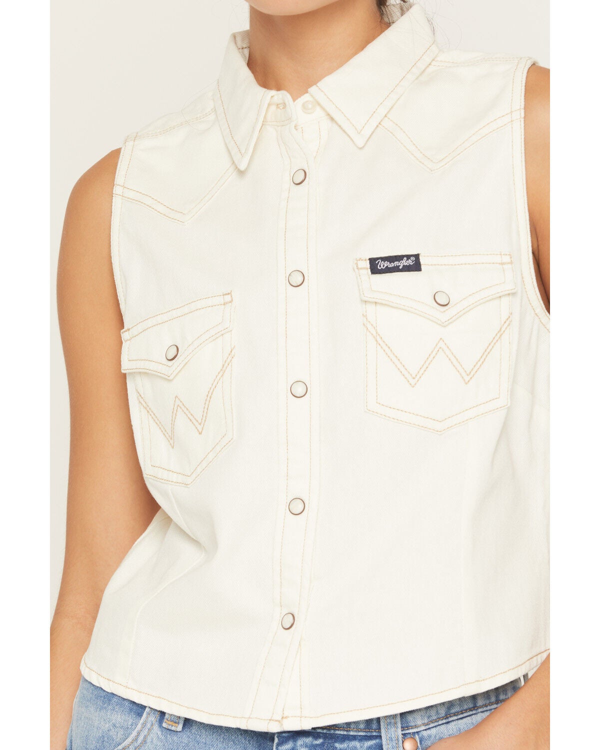 Image #3 - Wrangler Retro Women's Solid Denim Sleeveless Cropped Snap Western Shirt, White, hi-res