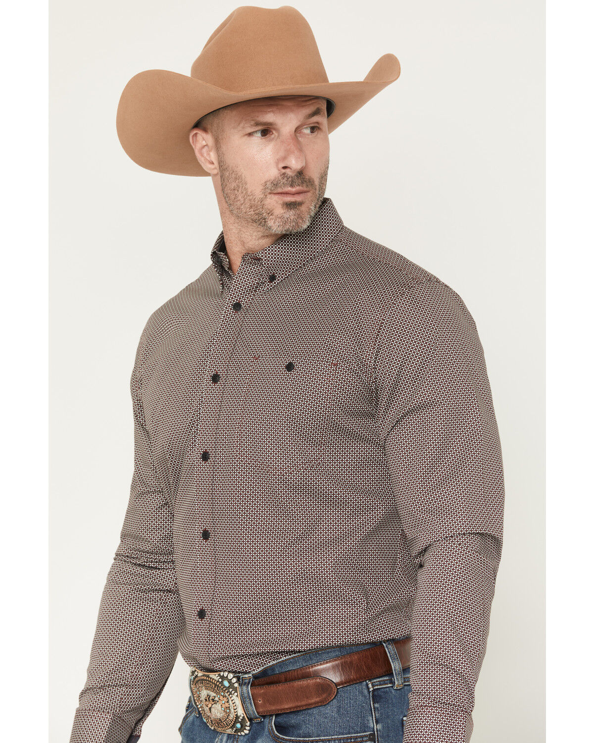 Image #2 - RANK 45® Men's Kings Canyon Micro Geo Print Long Sleeve Button-Down Stretch Western Shirt, Burgundy, hi-res