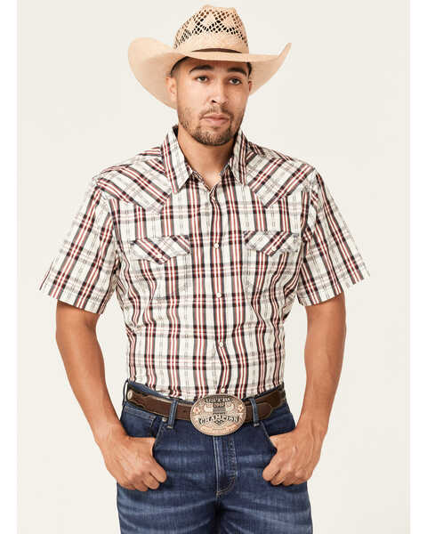 Image #1 - Moonshine Spirit Men's TNT Large Plaid Short Sleeve Snap Western Shirt , White, hi-res