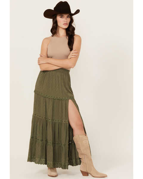 Angie Women's Tiered Maxi Skirt, Olive, hi-res