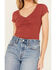 Image #3 - Shyanne Women's V Neck Short Sleeve Stretch Knit Top , Rust Copper, hi-res