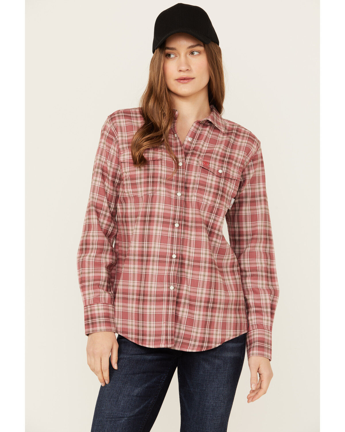 Image #1 - Ariat Women's FR Plaid Print Long Sleeve Snap Work Shirt, Pink, hi-res