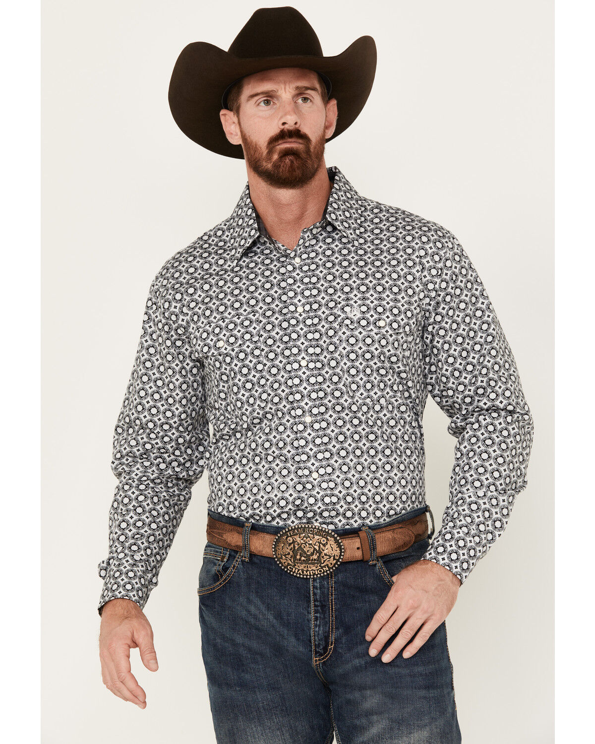 Image #1 - Panhandle Men's Select Medallion Print Long Sleeve Snap Western Shirt, Black, hi-res