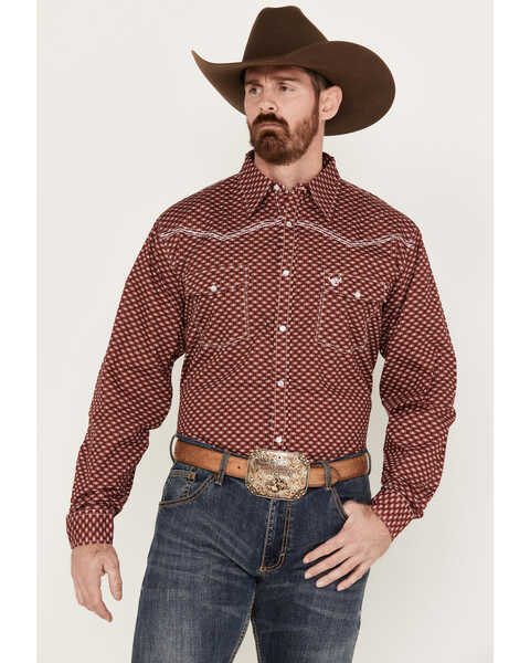 Image #1 - Cowboy Hardware Men's Rolodex Geo Print Long Sleeve Pearl Snap Western Shirt, Burgundy, hi-res