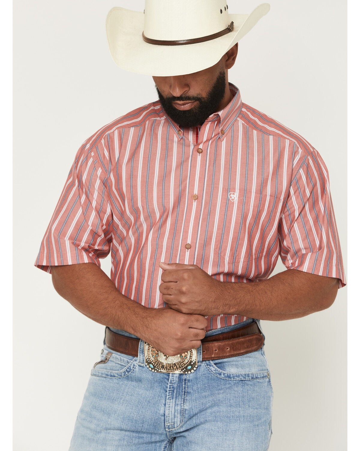 Ariat Men's Pro Series Bobby Striped Print Short Sleeve Button-Down Western Shirt, Red, hi-res