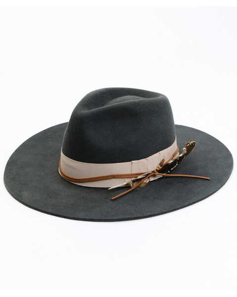 Shyanne Women's Pleated Ribbon & Feather Fedora Western Hat, Charcoal, hi-res