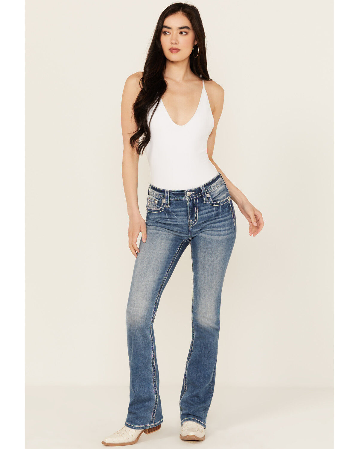 Image #3 - Miss Me Women's Medium Wash Mid Rise Wing Pocket Bootcut Stretch Denim Jeans, Medium Wash, hi-res
