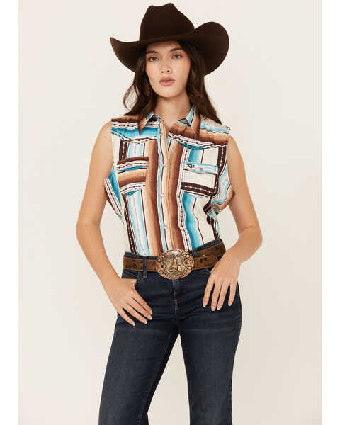 Cowgirl Hardware Women's Serape Striped Sleeveless Snap Western Shirt , Turquoise, hi-res