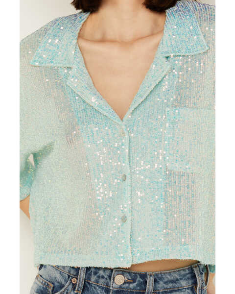 Image #3 - POL Women's Sequin Button Up Top, Blue, hi-res