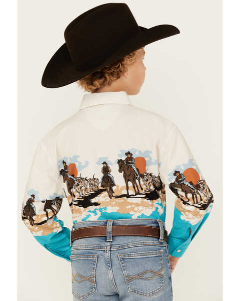 Image #4 - Panhandle Boys' Running Horse Border Print Long Sleeve Pearl Snap Western Shirt , White, hi-res