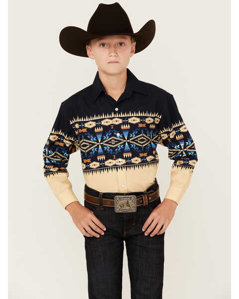 Panhandle Boys' Southwestern Border Long Sleeve Pearl Snap Western Shirt , Multi, hi-res