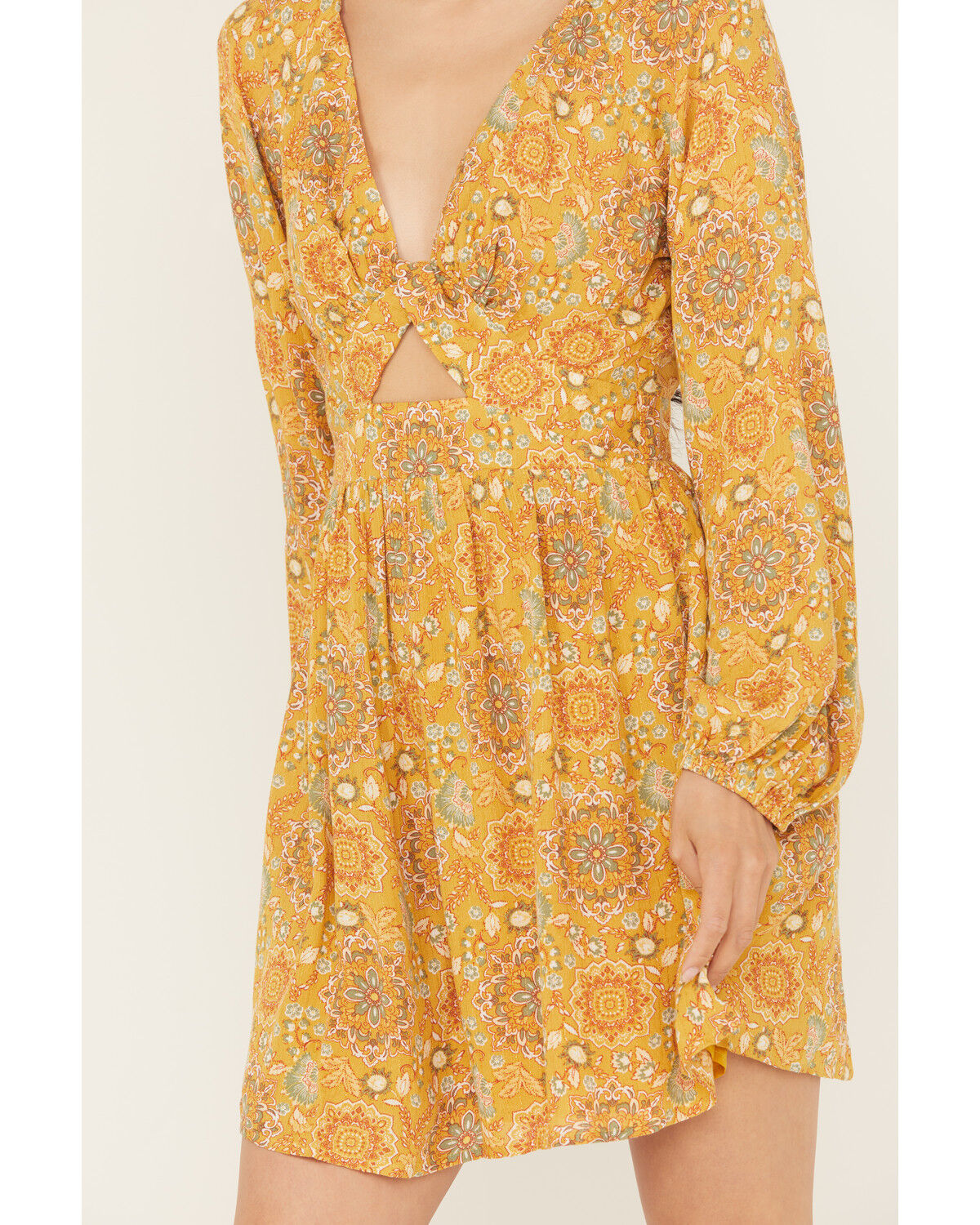Image #3 - En Creme Women's Medallion Print Cut Out Long Sleeve Mini Dress, Mustard, hi-res