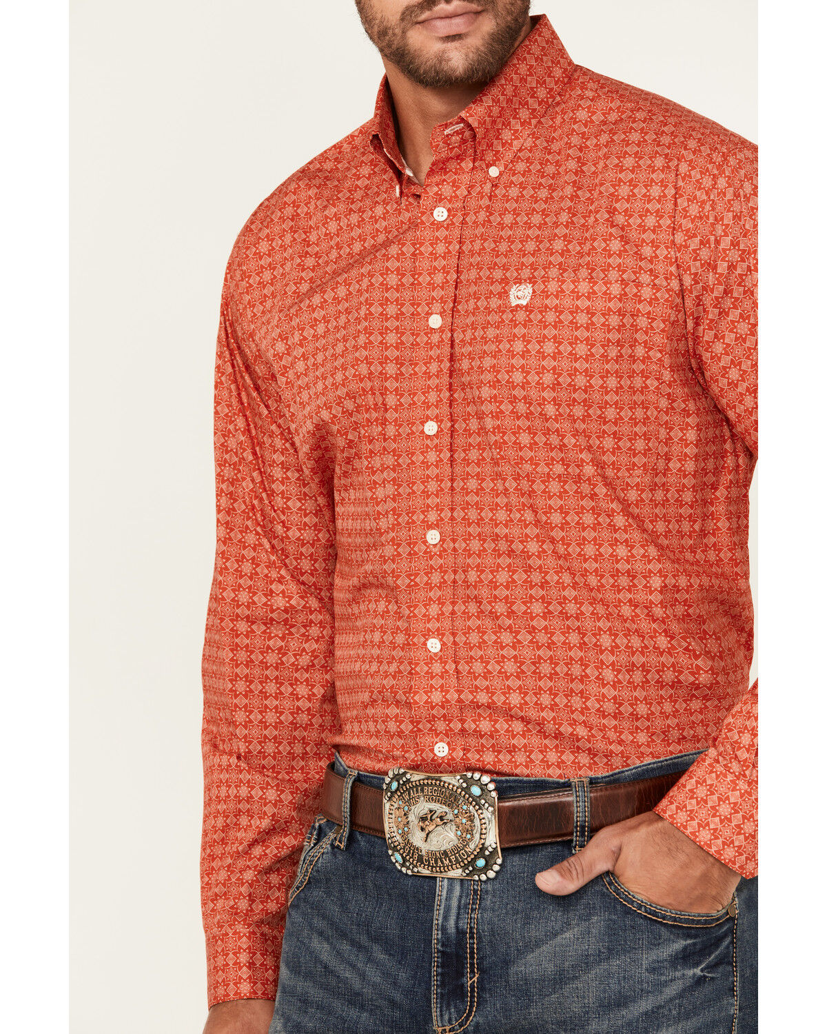 Image #2 - Cinch Men's Medallion Print Long Sleeve Button-Down Western Shirt, Red, hi-res