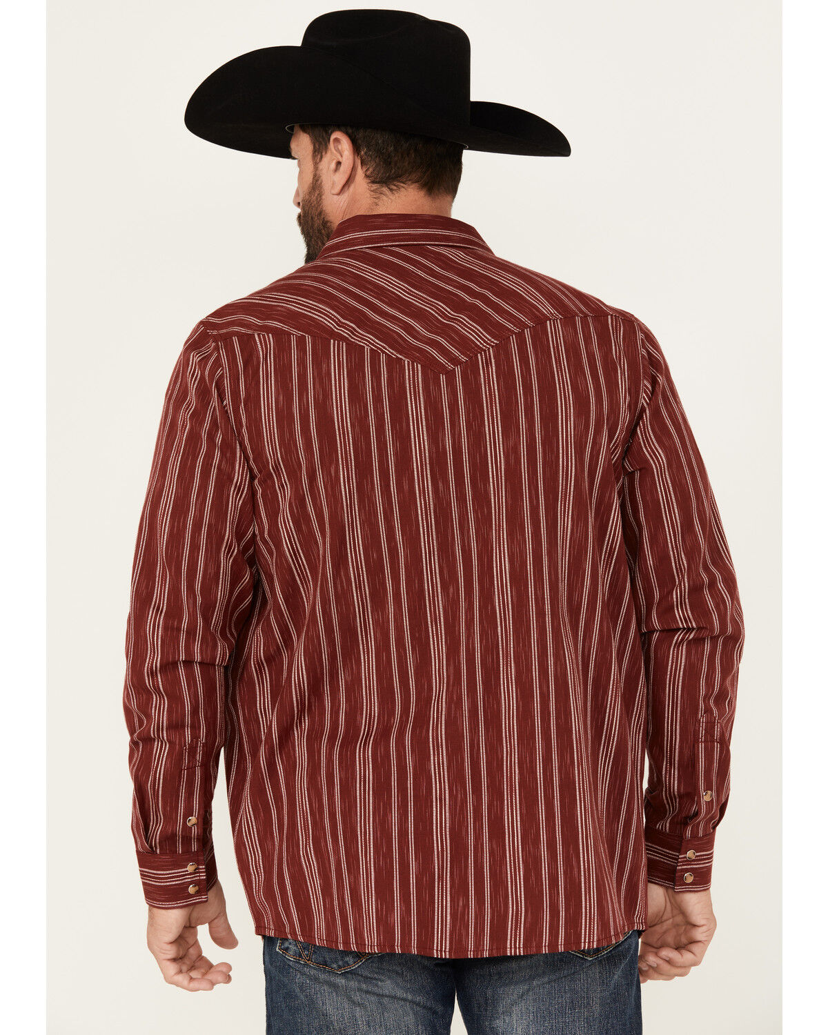 Image #4 - Moonshine Spirit Men's El Jefe Dobby Striped Print Long Sleeve Snap Western Shirt, Burgundy, hi-res