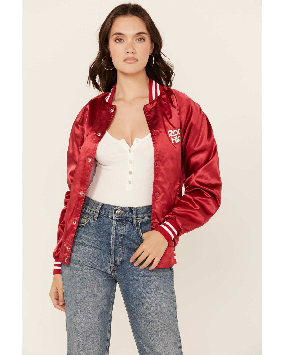 Image #1 - Rodeo Hippie Women's Country Club Bomber Jacket, Red, hi-res