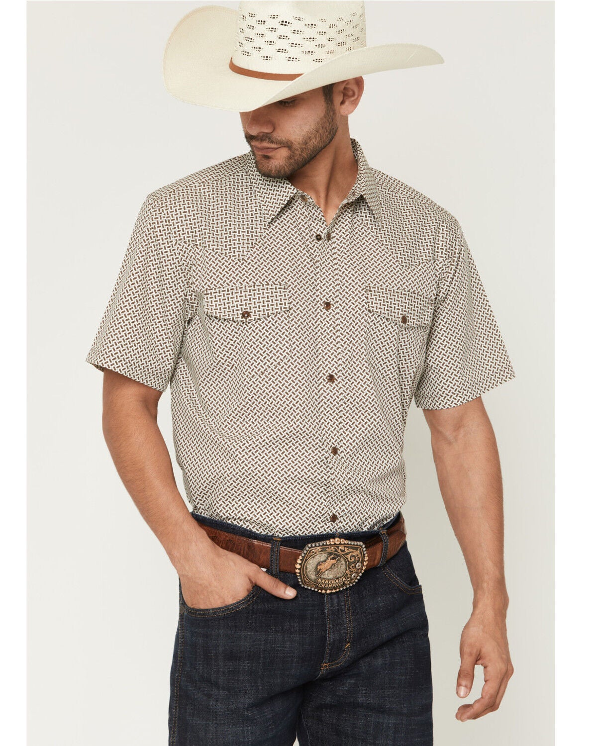 Image #1 - Gibson Trading Co Men's Sedona Tile Geo Print Short Sleeve Snap Western Shirt - Big, Brown, hi-res