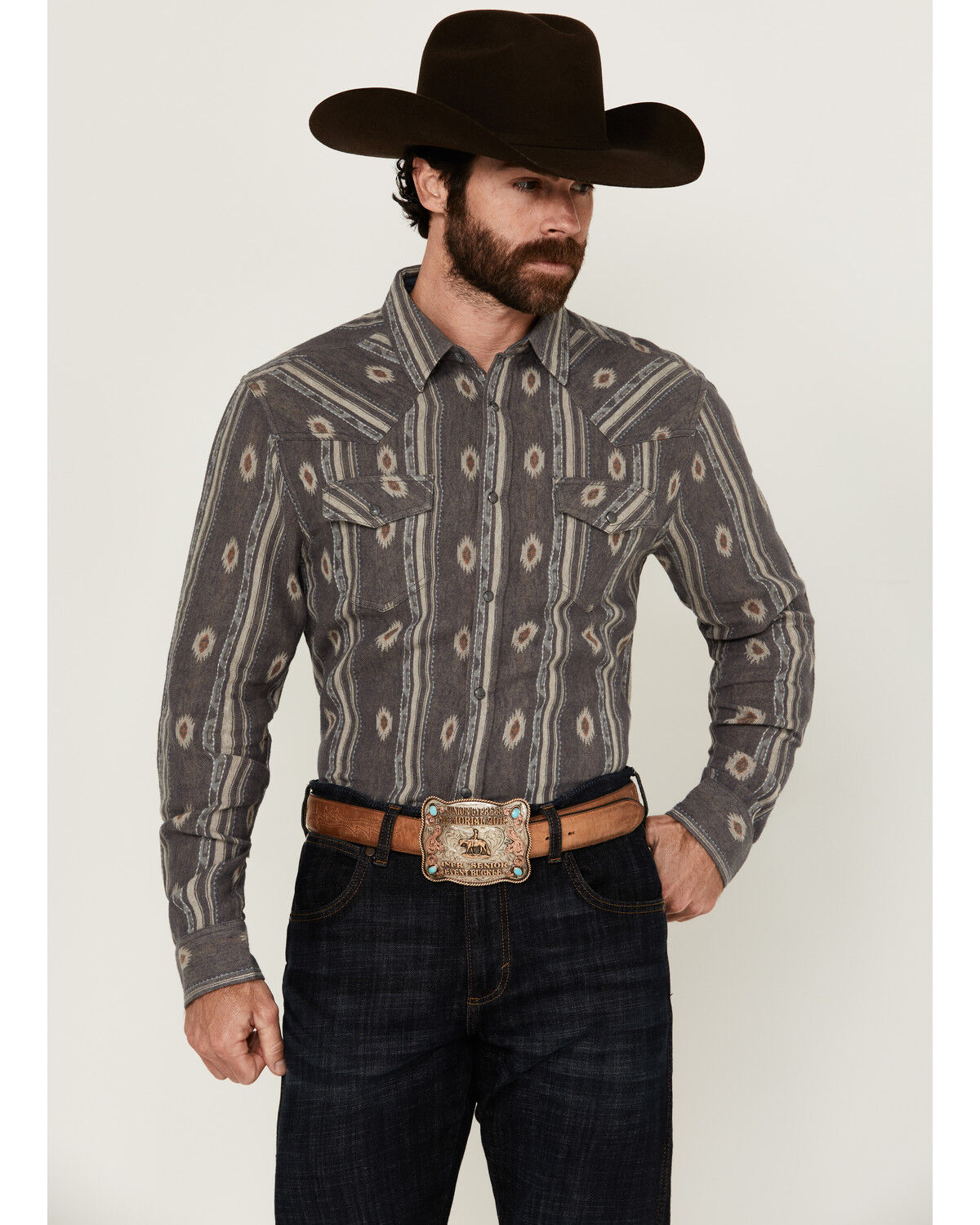 Image #1 - Cody James Men's Voyager Southwestern Striped Long Sleeve Snap Western Shirt, Cream, hi-res