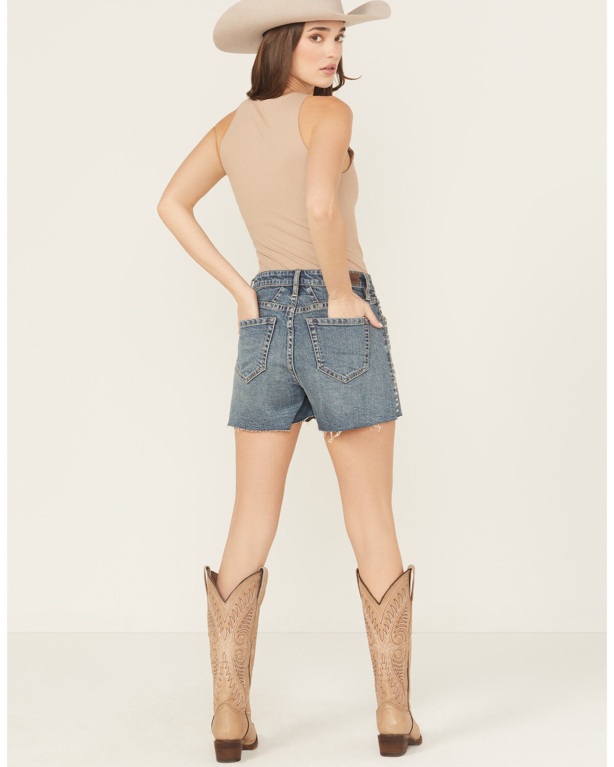 Image #3 - Rock & Roll Denim Women's Medium Wash High Rise Studded Cut-Off Stretch Denim Shorts, Medium Wash, hi-res