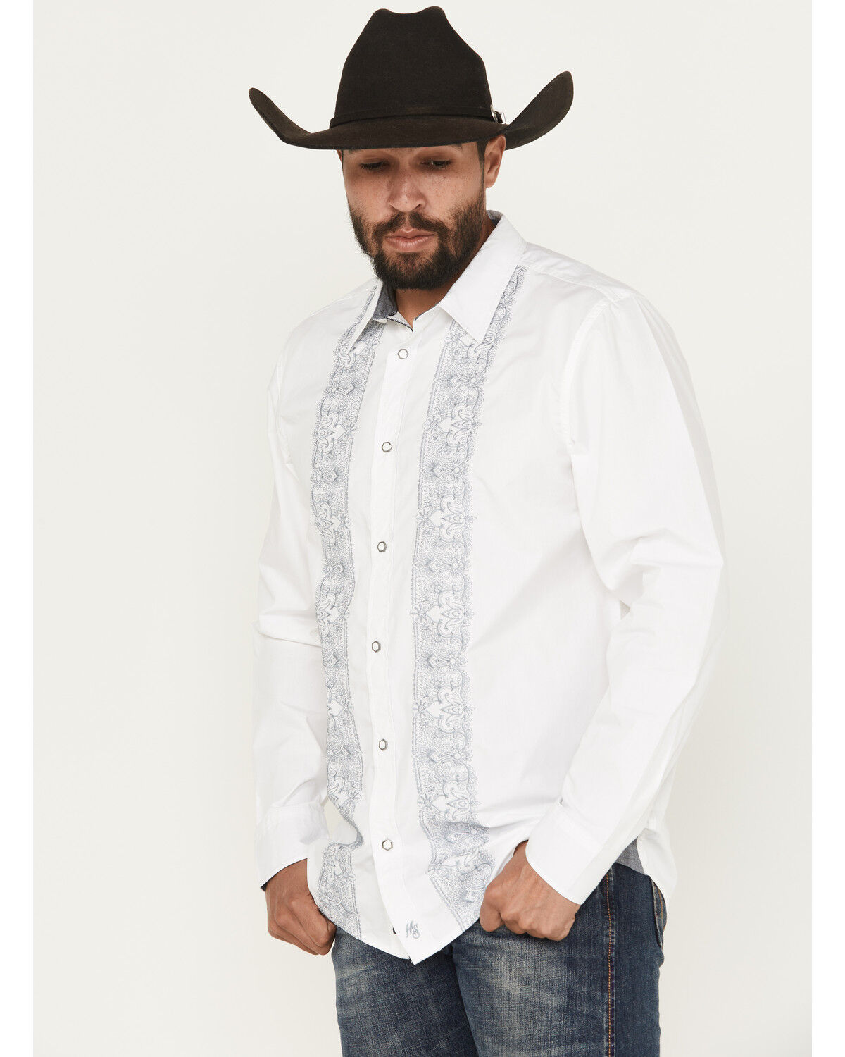 Image #1 - Moonshine Spirit Men's Heart Embroidered Long Sleeve Snap Western Shirt, White, hi-res