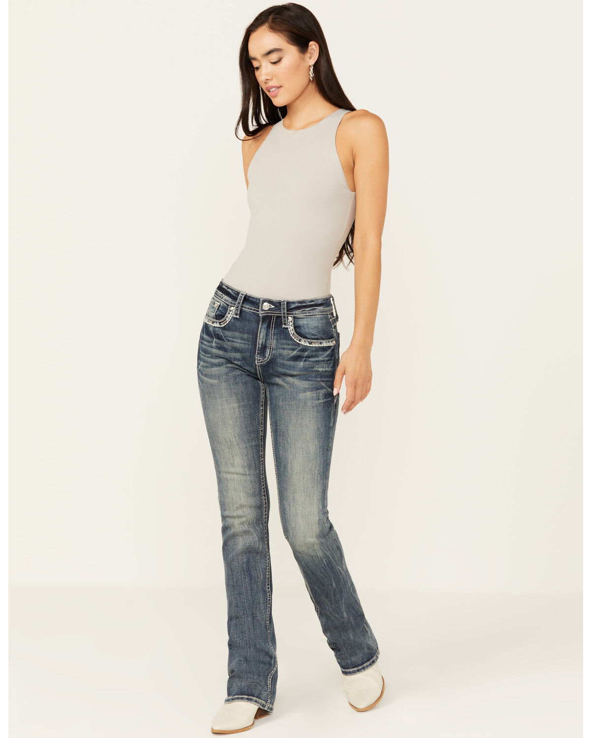 Image #3 - Grace in LA Women's Medium Wash Mid Rise Geometric Bird Bootcut Jeans, Medium Wash, hi-res