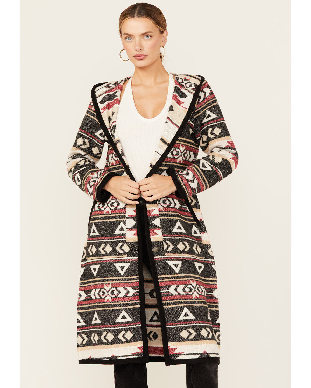 Image #1 - Cripple Creek Women's Southwestern Print Hooded Duster, Black, hi-res