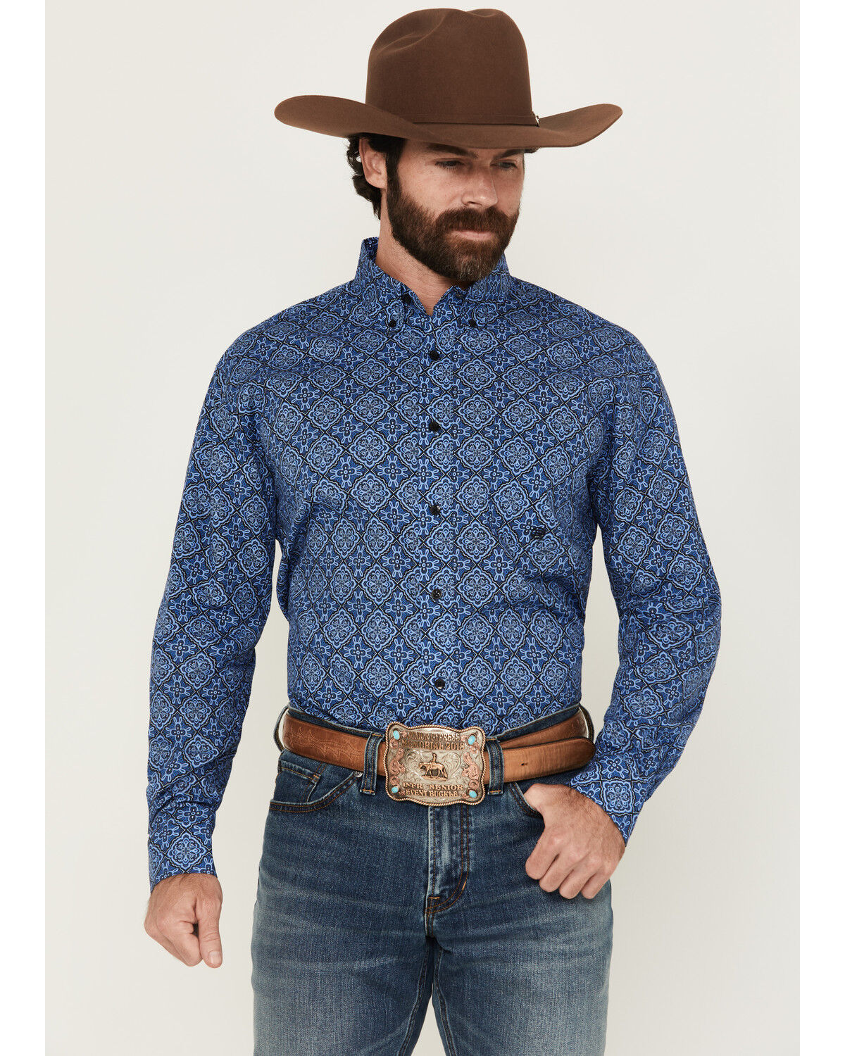Image #1 - Roper Men's Amarillo Medallion Print Long Sleeve Button-Down Western Shirt, Blue, hi-res