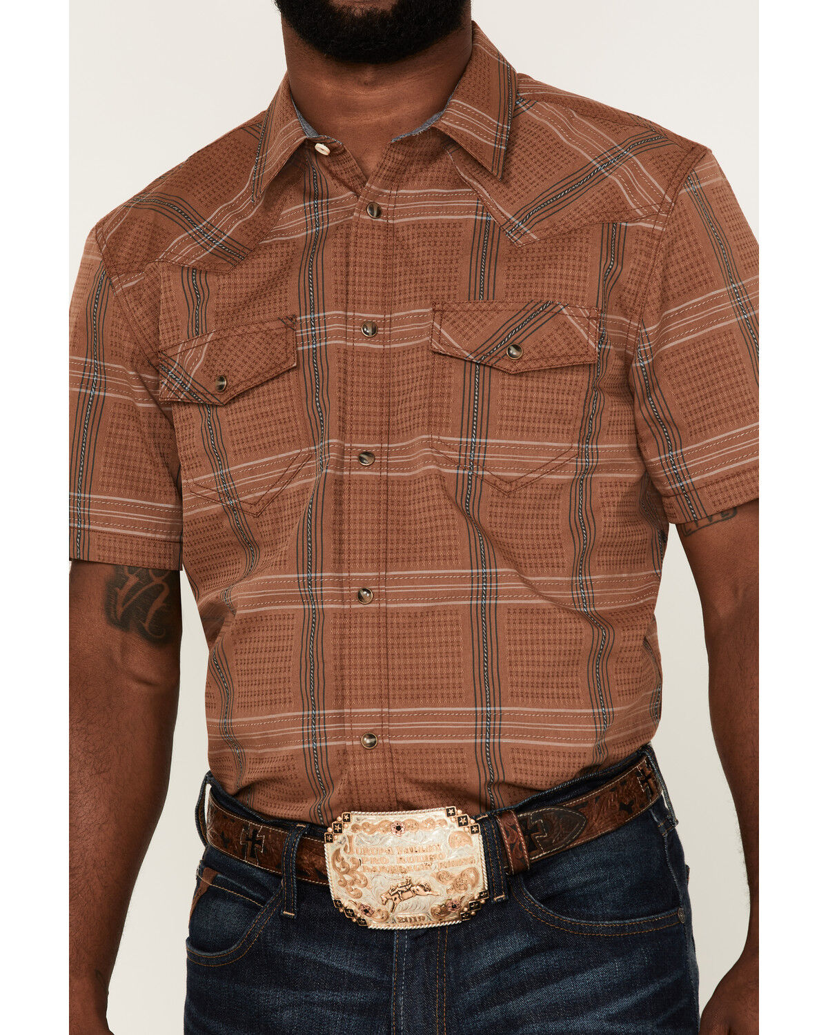 Image #3 - Cody James Men's Easl End Large Plaid Short Sleeve Snap Western Shirt, Brown, hi-res