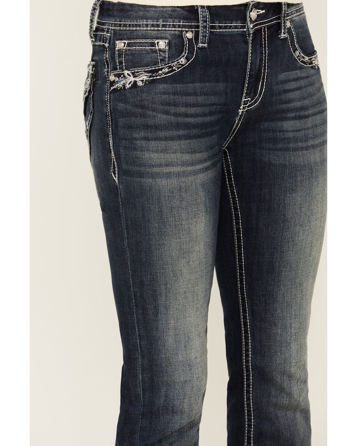 Image #4 - Grace in LA Women's Dark Wash Mid Rise Floral Pocket Bootcut Stretch Denim Jeans, Medium Wash, hi-res