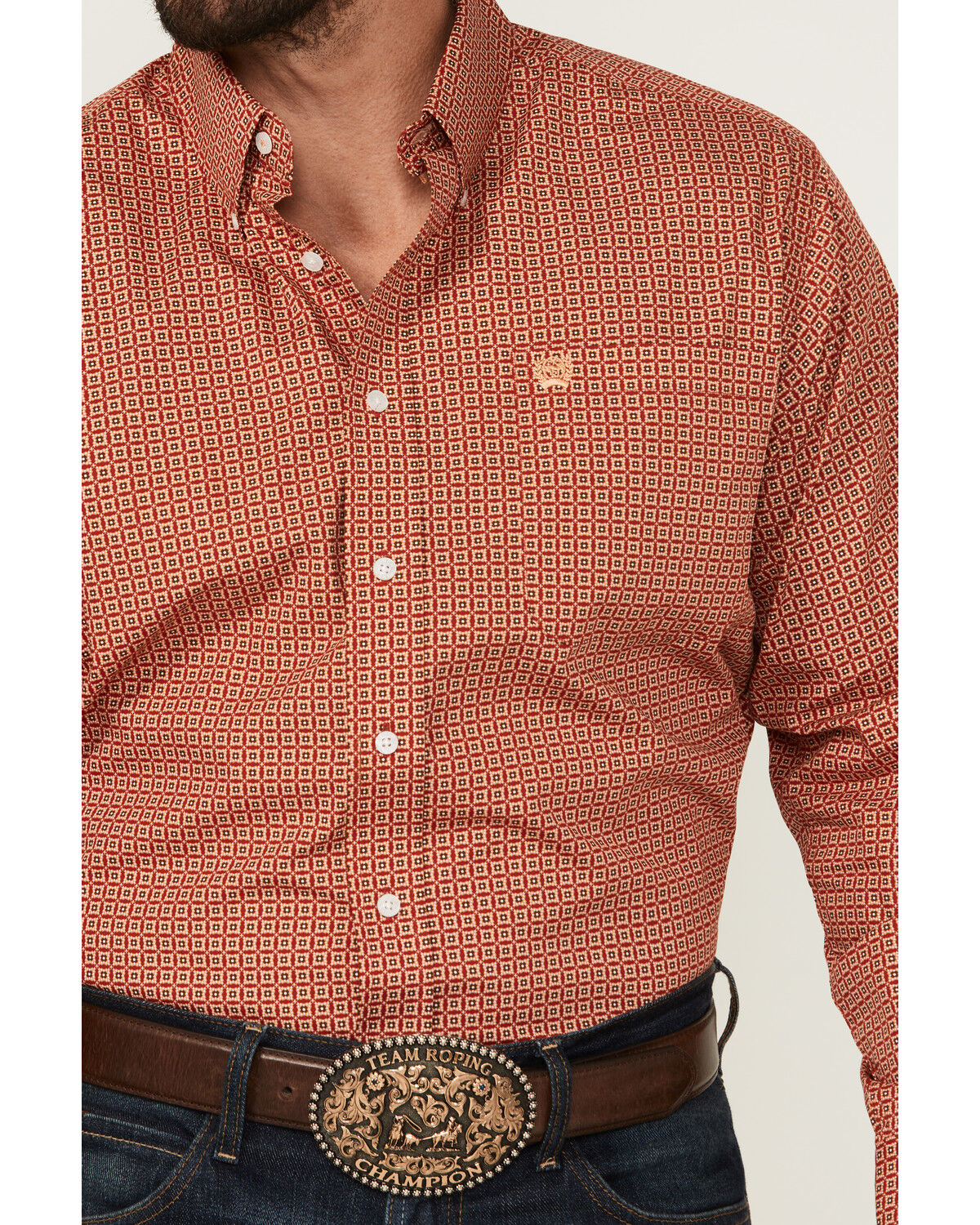 Image #3 - Cinch Men's Geo Print Long Sleeve Button-Down Western Shirt, Red, hi-res