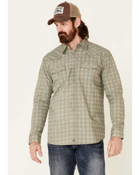 Moonshine Spirit Men's Sundial Geo Print Long Sleeve Snap Western Shirt , Forest Green, hi-res