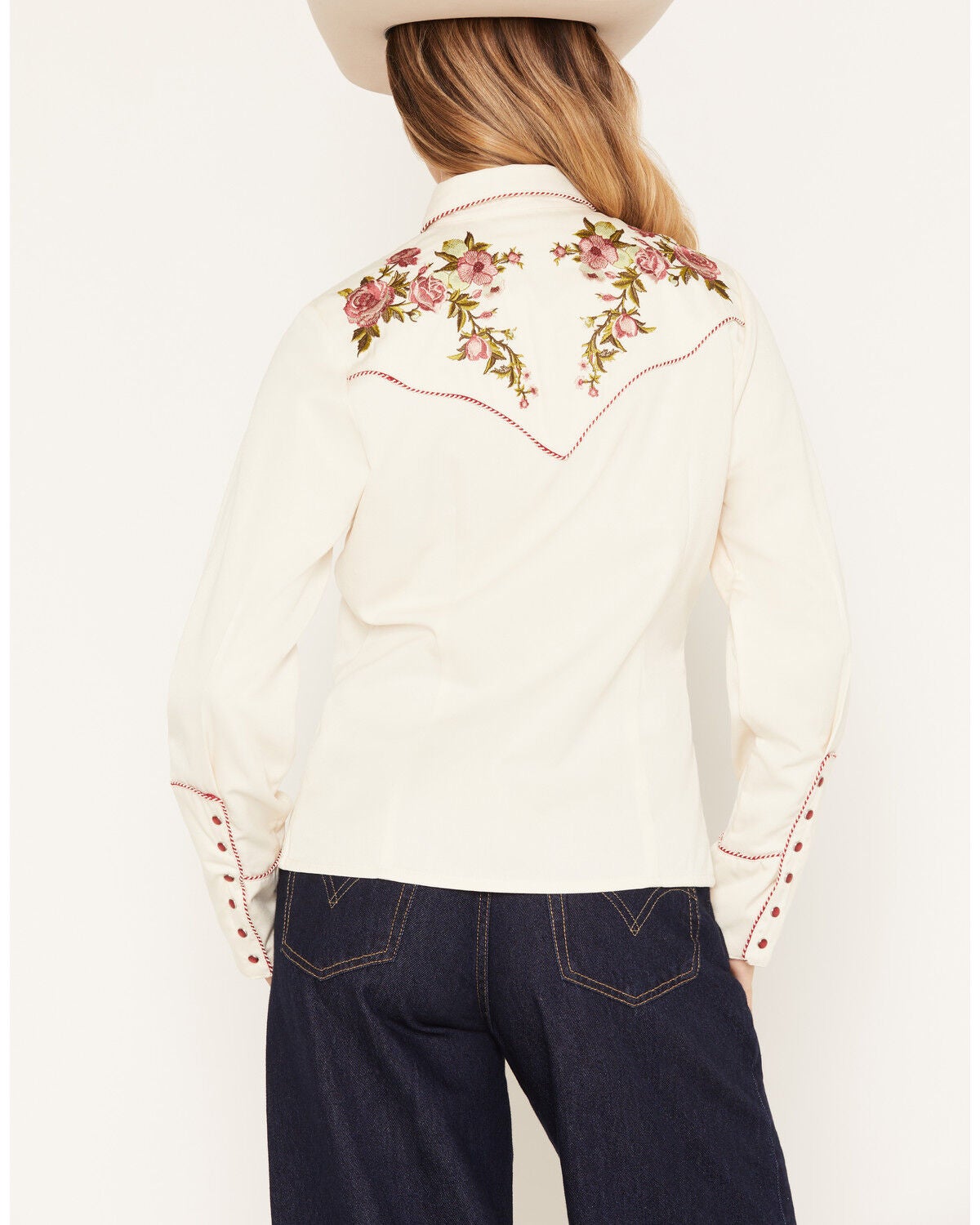 Image #4 - Scully Women's Rose Embroidered Long Sleeve Pearl Snap Western Shirt, Cream, hi-res