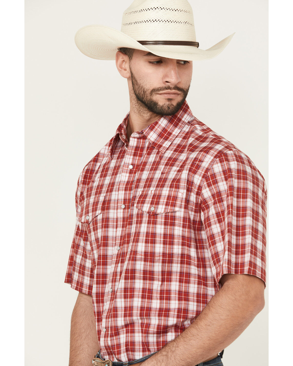 Image #2 - Wrangler Men's Wrinkle Free Plaid Print Short Sleeve Pearl Snap Stretch Western Shirt, Red, hi-res