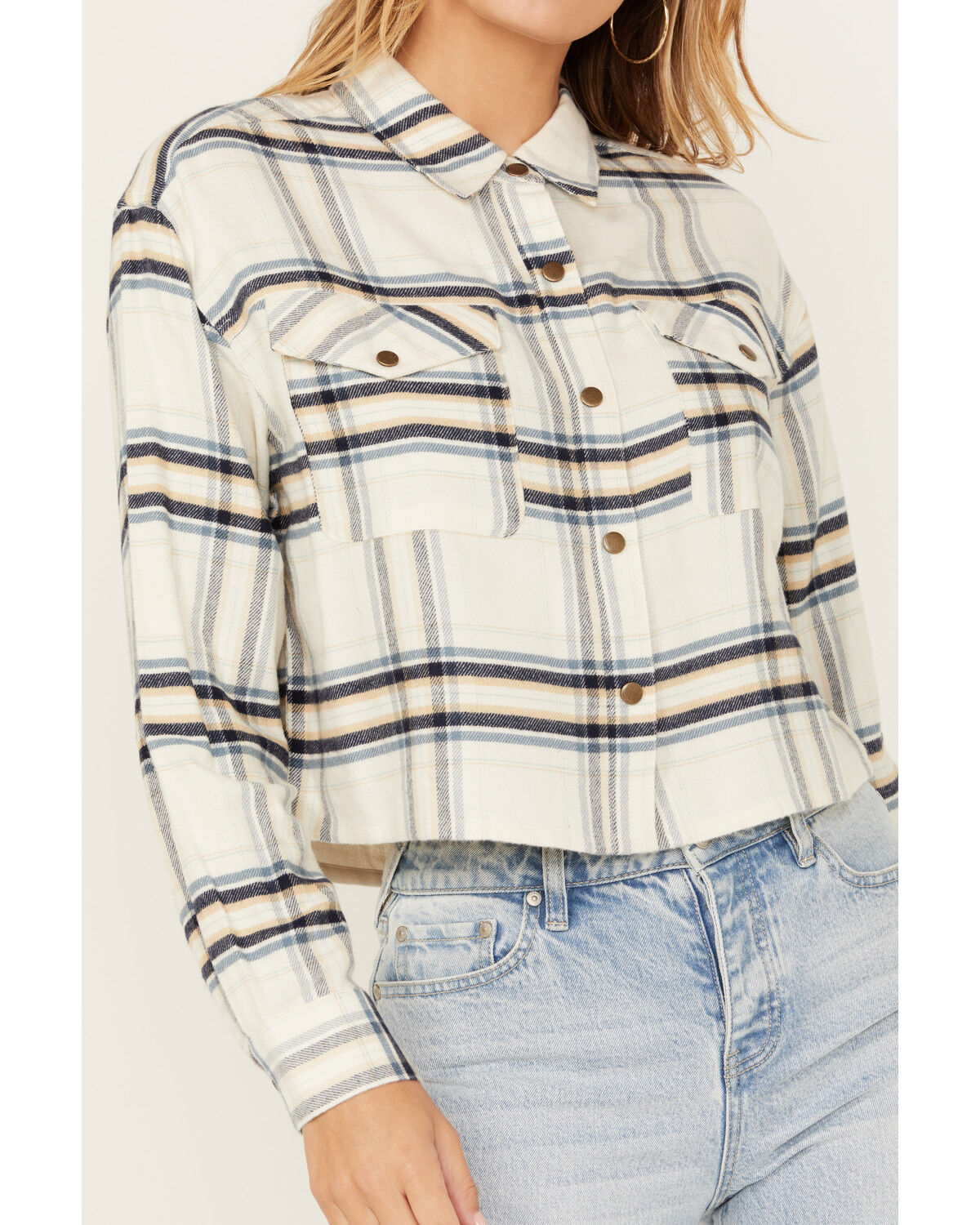 Image #3 - Cleo + Wolf Women's Cropped Plaid Print Flannel Shirt, Cream, hi-res