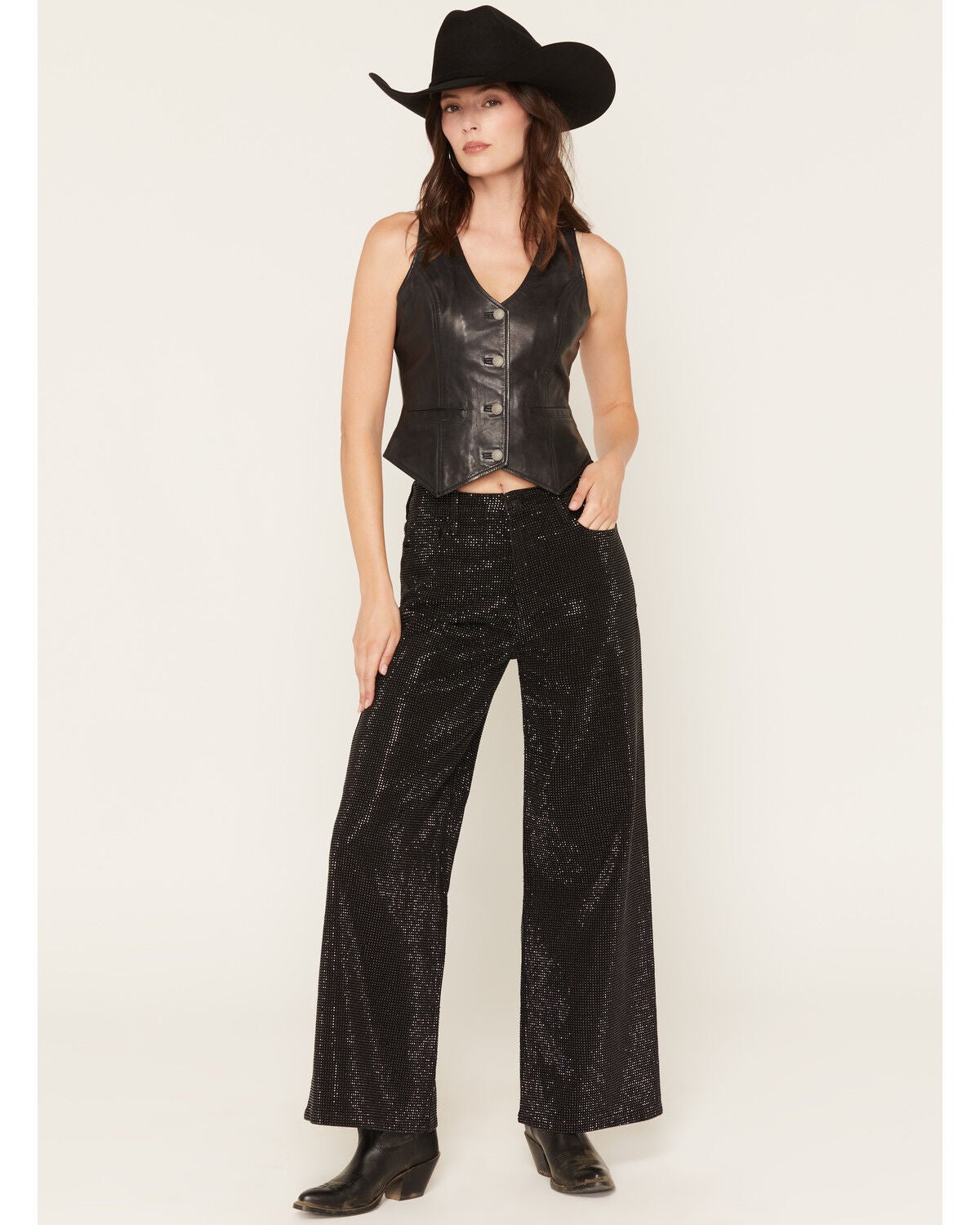 Cello Women's High Rise Rhinestone Wide Leg Stretch Denim Jeans, Black, hi-res