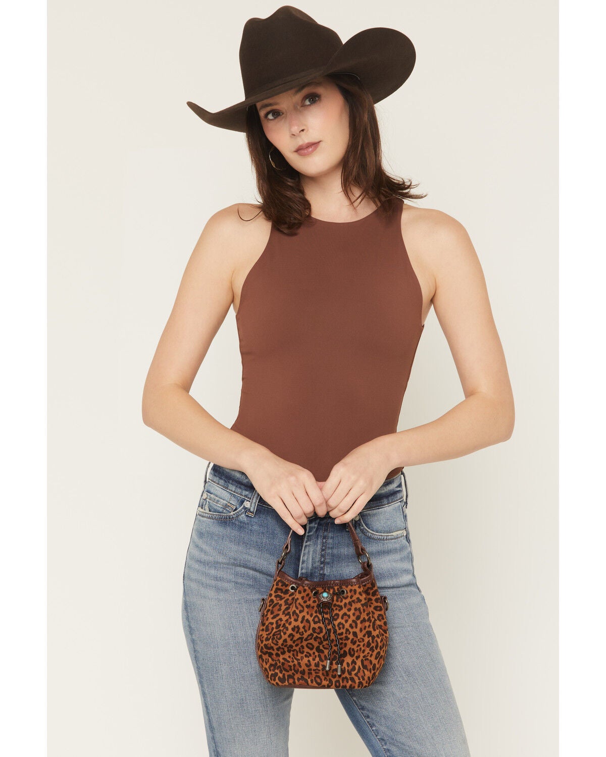 Image #1 - Justin Women's Leopard Print Mini Bucket Crossbody Bag, Brown, hi-res