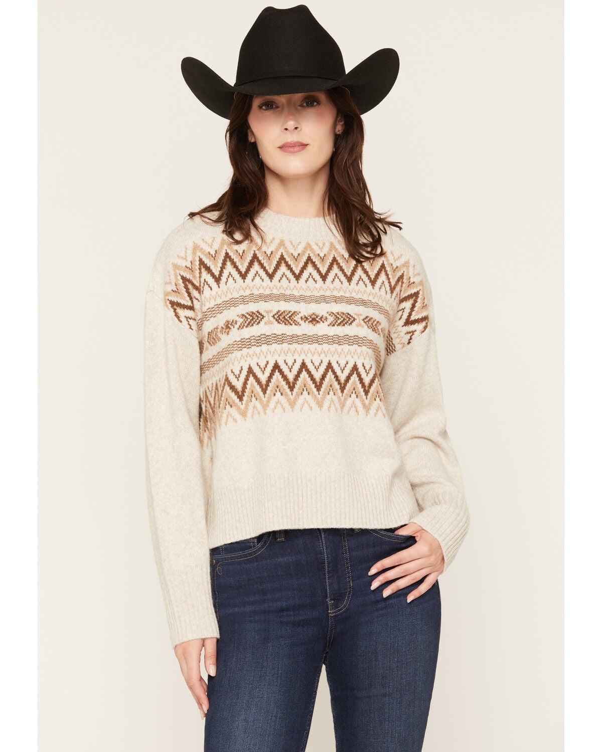 Ariat Women's Southwestern Print Lodge Sweater, Oatmeal, hi-res