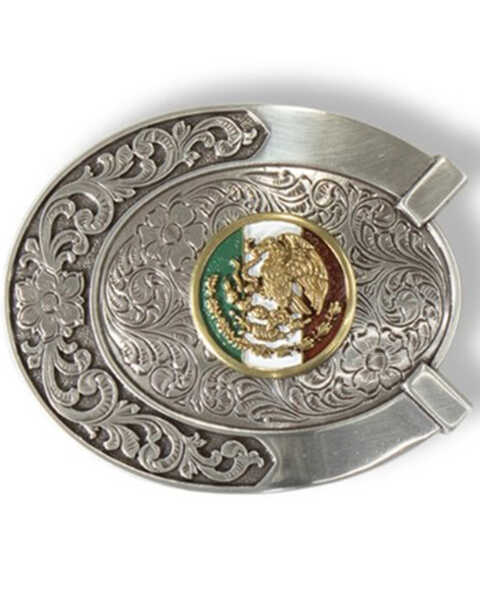 M & F Western Oval Horseshoe Mexican Flag Belt Buckle, Silver, hi-res
