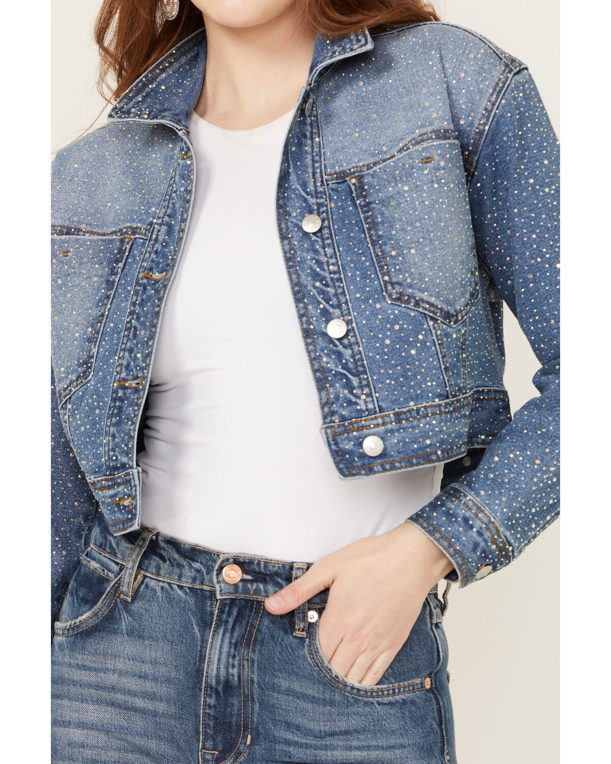 Image #3 - Vibrant Denim Women's Rhinestone Embellished Cropped Denim Jacket, Medium Wash, hi-res