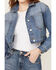 Image #3 - Vibrant Denim Women's Rhinestone Embellished Cropped Denim Jacket, Medium Wash, hi-res