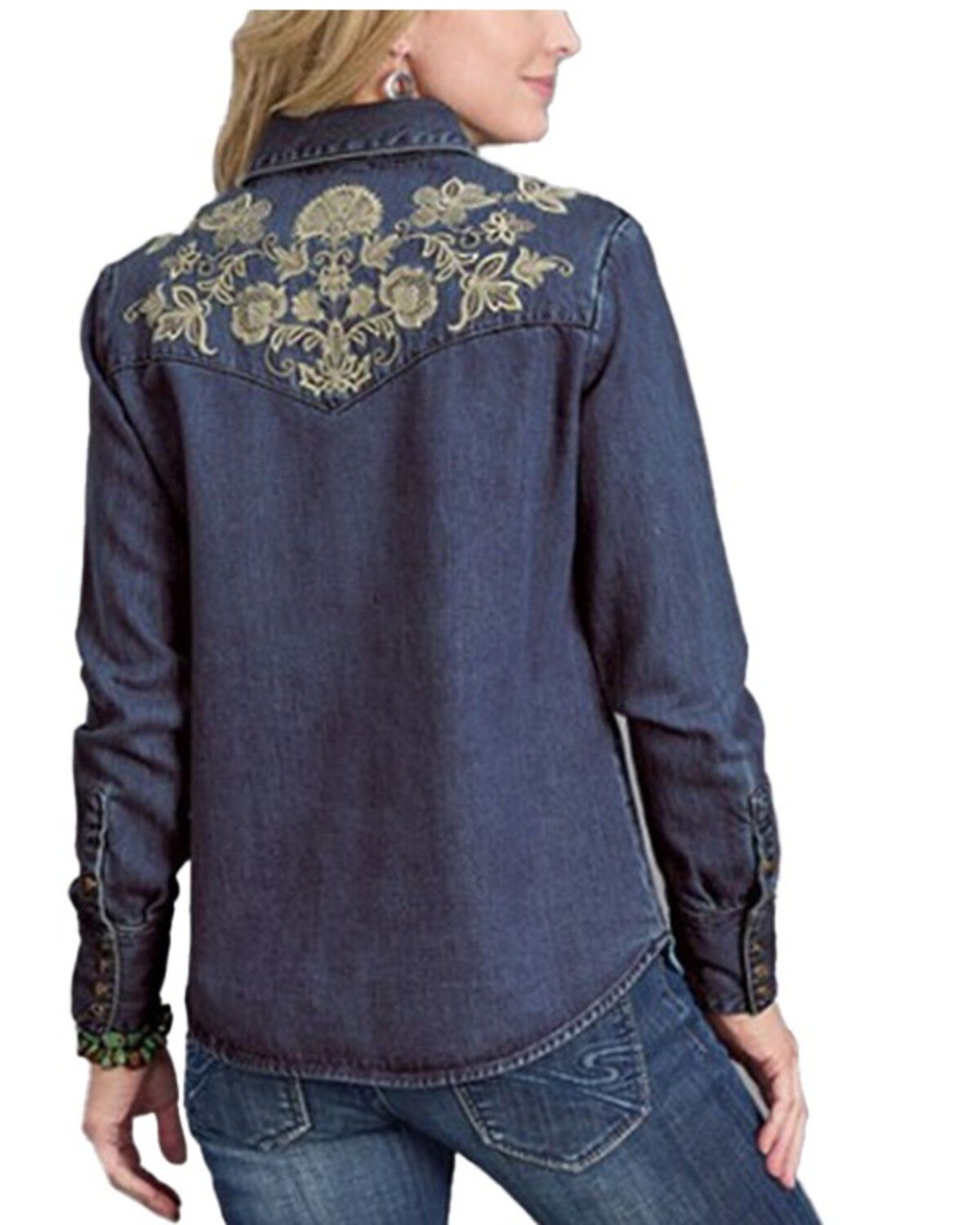 Image #2 - Stetson Women's Floral Embroidered Long Sleeve Snap Denim Shirt, Dark Wash, hi-res