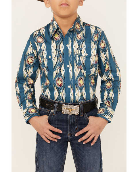 Image #3 - Wrangler Boys' Checotah Southwestern Striped Print Long Sleeve Pearl Snap Western Shirt , Navy, hi-res